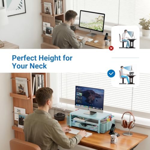 OPNICE Desk Organizers and Accessories, Computer Monitor Stand Riser with Drawer and 2 Pen Holders, Printer & Laptop Sta