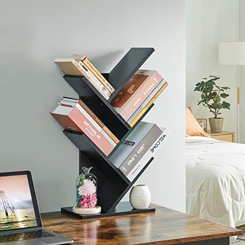 Hoctieon 4 Tier Tree Bookshelf, 4 Shelf Bookcase, Free Standing Tree Bookcase, Display Floor Standing Shelf for Books, B