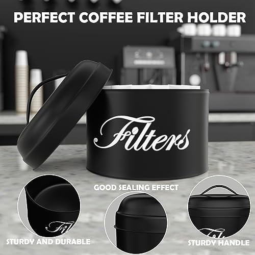 Black Basket Coffee Filter Holder With Lid - Round Container for Counter Storage - Rustic Farmhouse Bar Accessories Deco