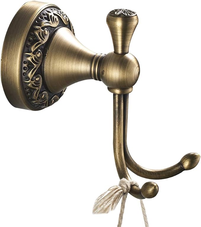 Leyden Antique Brass Towel Hook, Bathroom Robe Hooks, Brushed Double Coat Clothes Hanger Hook Vintage Style Wall Mounted