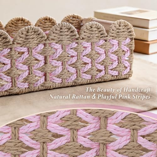 Set of 2 Paper Rope Scalloped Baskets with Wooden Handles