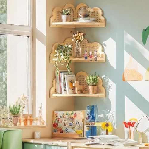 3 Pcs Cloud Floating Corner Shelf Set Boho Rattan Storage with Natural Pine Wood Frame Cute Corner Shelves for Wall Home
