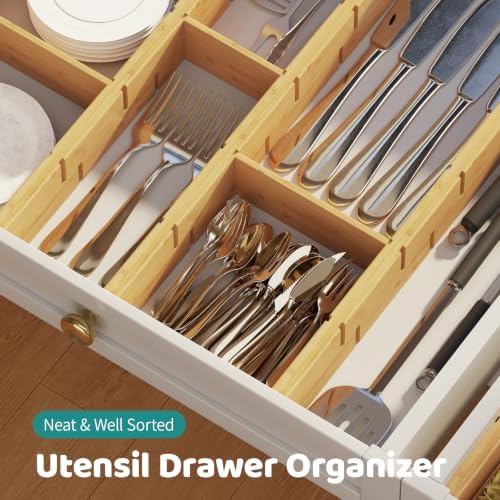 Bamboo Drawer Dividers with Inserts, Kitchen Adjustable Drawer Organizers, Expandable Organization for Home, Dressers, 4 Dividers with 8 Inserts