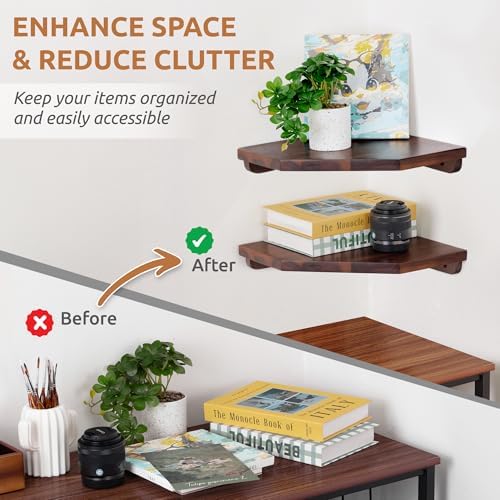 Demigo Hexagon Corner Floating Shelves, 2-Pack Acacia Wood Wall Shelf