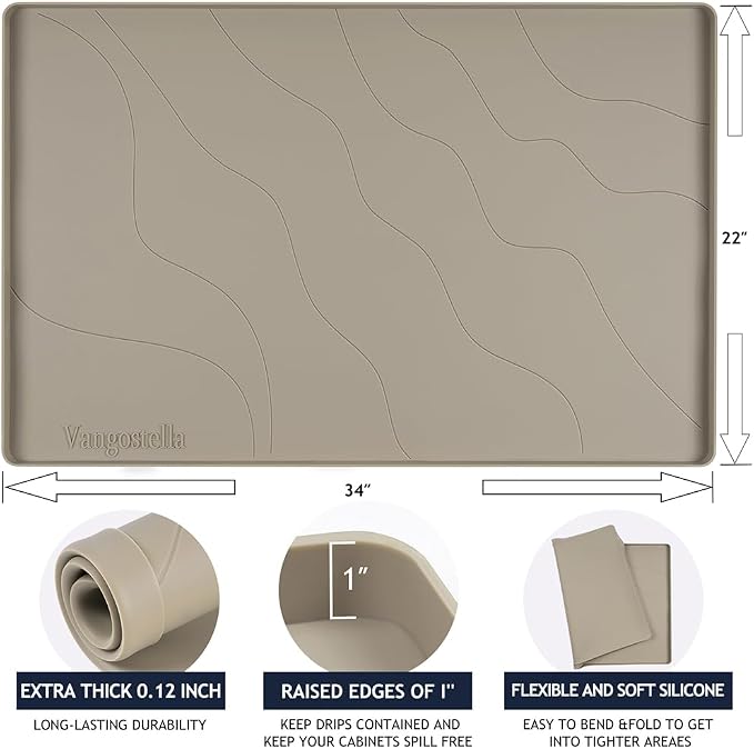 Heavy Duty Silicone Under Sink Mats for Kitchen Waterproof 37" x 22", Extra Thick Under Sink Rubber Mat Drip Tray, Raised Edge Under Sink Liner,Prevent Drips, Leaks, Spills,Brown