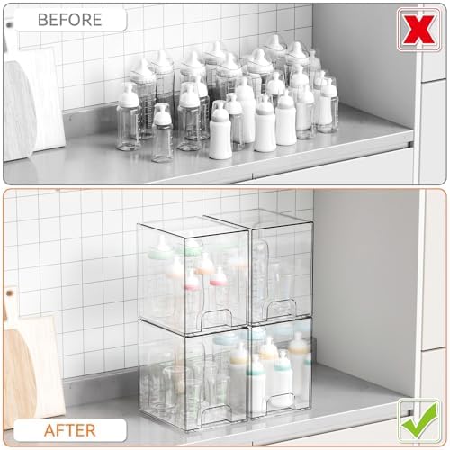 Yieach 7.5" High Stackable Storage Bins,4 Pack Bottle Station and Baby Bottle Storage Organizer for Countertop,Clear Acr