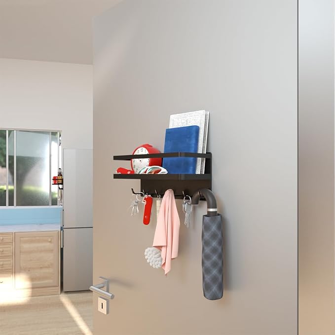 Magnetic Key Holder with Tray and Hooks, Steel Shelf for Keys, Letters, Coats, Office or Kitchen Use (Black, Medium)