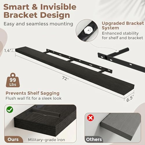 72 Inch Floating Shelves for Wall, 6.5"D Wood Storage Shelves, Black Finish