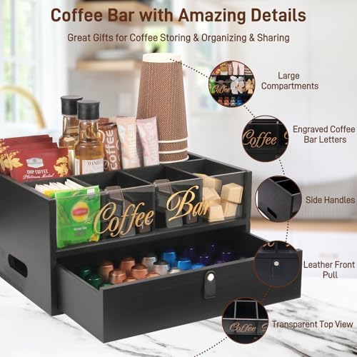 2-Tier Coffee Bar Organizer with Clear Acrylic Top, Built-in Drawer and Leather Handle Pull for Countertop, Stylish Coff