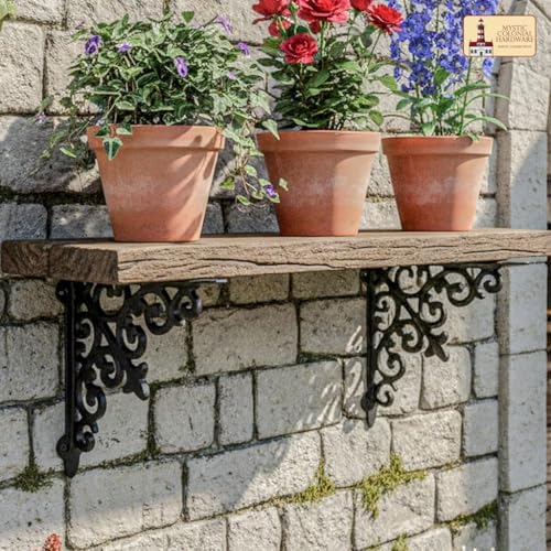 Mystic Colonial Medieval Cast Iron Victorian Scrollwork Shelf Brackets | 7-inch Heavy-Duty Wall Mount Supports with Blac
