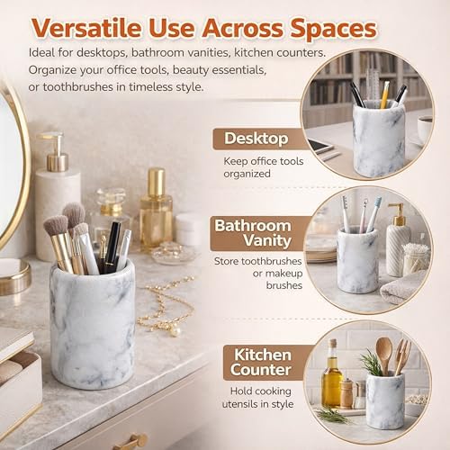 Creative Home White Marble Pen Holder, Heavy Stone Pencil Cup Organizer for Desk