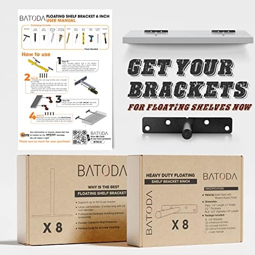 BATODA - 6" Floating Shelf Bracket Heavy Duty (8 pcs)-Solid Steel Blind Shelf Supports - Hidden Brackets for Floating Wo