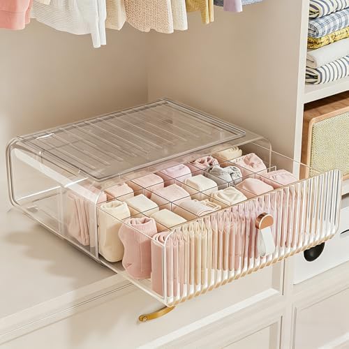Sock Underwear Drawer Organizer - 24 Compartment Clear Acrylic Storage Bins with Removable Dividers for Closet, Stackabl
