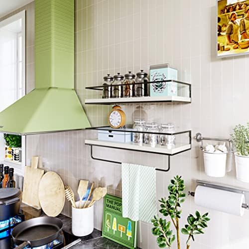 Shario White Floating Shelves - Set of 2, Wall Mounted Hanging Shelves with Black Towel Rack, Decorative Storage Shelves