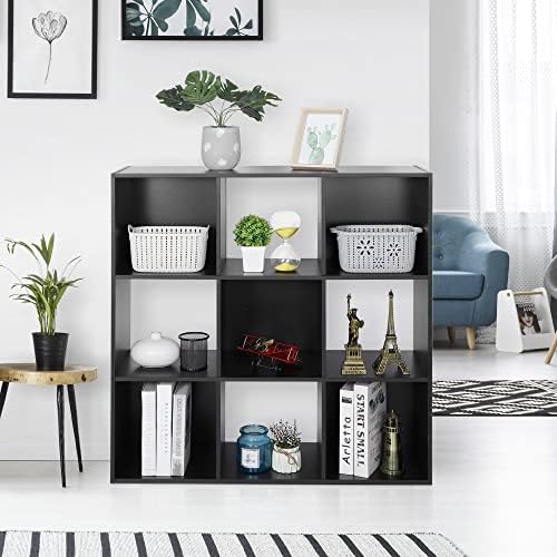 SUPER DEAL 9 Cube Open Shelf Bookcase 3 Tier Bookshelf Wood Cabinet Storage Organizer Display Shelves with 5 Removable B