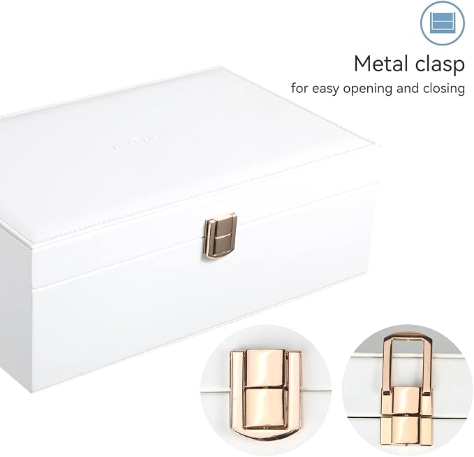LANDICI Jewelry Box Organizer for Men Women, 2 Layer 4 Slot Watch Storage Case with Removable Tray, PU Leather Large Jewellery Holder Display for Watches Sunglasses Rings Earrings Necklace, White