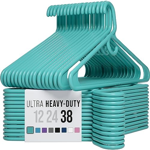 NEATERIZE Thick Heavy Duty Hangers - Aqua Plastic Clothes Hangers 38 Pack - Great for Coat Hanger, Jackets Jeans & Suit Hanger for Closet - New Apartment Essentials Percheros Ganchos para Colgar Ropa