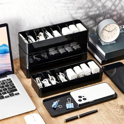 Tatuo Cord Organizer Box with Lid, Black, 4 Pack