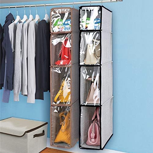 4 Tier Handbag Purse Organizer with Dustproof Cover, Foldable Hanging Closet Wardrobe Storage Shelves Closet Storage System for Living Room Bedroom Home Use, Grey