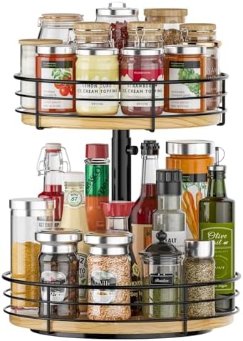 2 Tier Lazy Susan Spice Rack Organizer, Rotating Turntable, Black