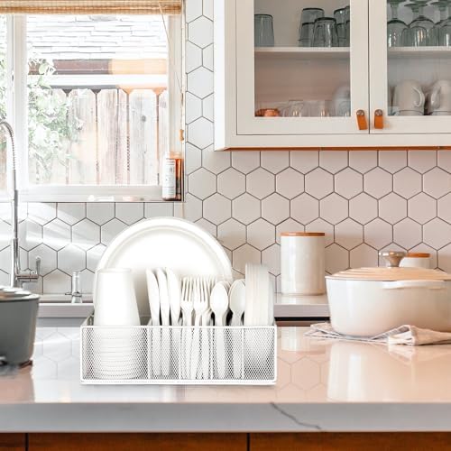Paper Plate Organizer for Countertop, Metal Silverware Caddy for Cup, Fork, Spoon, Napkin, Paper Plate and Utensil Holde