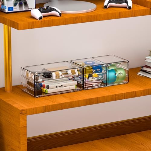 Cq acrylic 2 Pack Clear Desk Organizer With Drawers,Stackable 6 Drawers Skincare Organizer,Cute Skin Care Organizers for