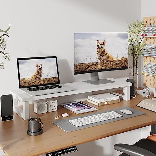 WESTREE Dual Monitor Stand Riser, Wood and Steel Monitor Stand Riser, Computer Monitor Stand for 2 Monitors, Multi-Purpo