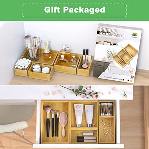 Bamboo Bathroom Drawer Organizer Dividers, Wooden Kitchen Utensil Holder Set of 5, Stackable Junk Drawer Organizer Tray,