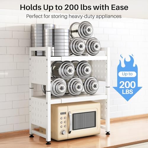 Expandable Microwave Stand, Heavy Duty 3-Tier Adjustable Microwave Oven Rack with 8 Hooks & 2 Holders, Space-saving Kitc
