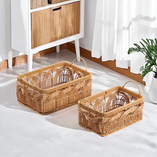 2PCS Plastic Wicker Storage Baskets Set Handmade Woven Boxes