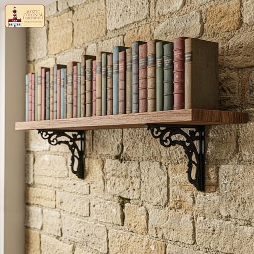 Mystic Colonial Cast Iron Shelf Brackets, Victorian Gothic Decorative Wall Shelf Supports, 8.75 x 7.5 Inch, Heavy-Duty R