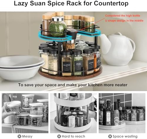 Turntable Lazy Susan Organizer Spice Rack, 2Tier Wooden Spinning Revolving Organizer Height Adjustable,12'' Seasoning Ro