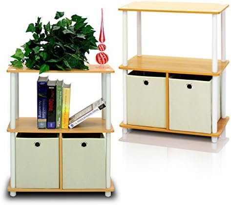 Furinno TURN-N-TUBE Storage Shelves Set of 2, 3-Tier Toolless Book Shelf with Storage Bins, Display Shelf, for Organizat