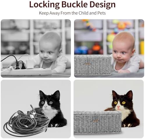 Cable Management Box, Desk Handwoven Rattan Cord Hider Cable Organizer Box With Lid Button Lock, Power Strip Cover Wicke
