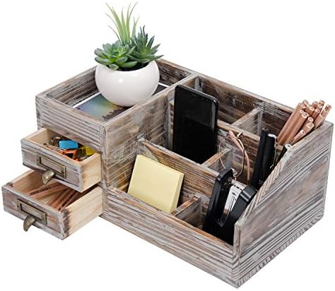 Liry Products Rustic Torched Wooden Desktop Organizer Dark Brown Tabletop Storage Cabinet Stepped Rack Multiple Compartments 2 Tier Drawers Makeup Accessory Sorter Display Box Home Office Supplies