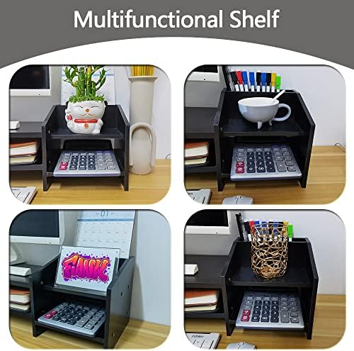 Computer Monitor Riser, 2 Tier Wooden Stand With Two Layer Storage Rack, Black Desktop Organizer for PC/Laptop, Home & O