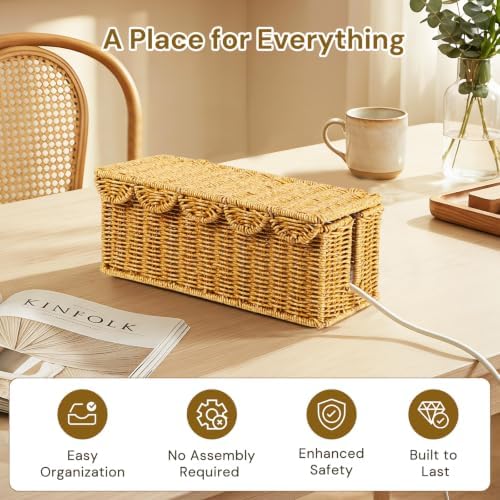 2Pcs Scalloped Edge Cable Management Box, Handmade Rattan Cord Organizer