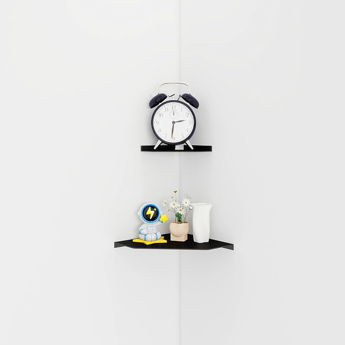 10 Inch Black Floating Corner Shelf Wall Mounted, Large Triangle Shelf for TV Box, Router, Speakers, Wine & Trophies