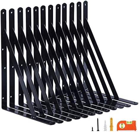 NEODROP 12-Pack 14 Inch Heavy Duty Shelf Brackets, Large Wall Bracket for Garage Storage Shelves, Black Powder-Coated St