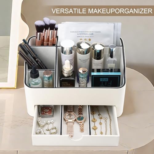 KINGFOM PU Leather Makeup Organizer with Drawer, Skincare Organizer for Vanity, Cosmetic Storage for Dresser Countertop,