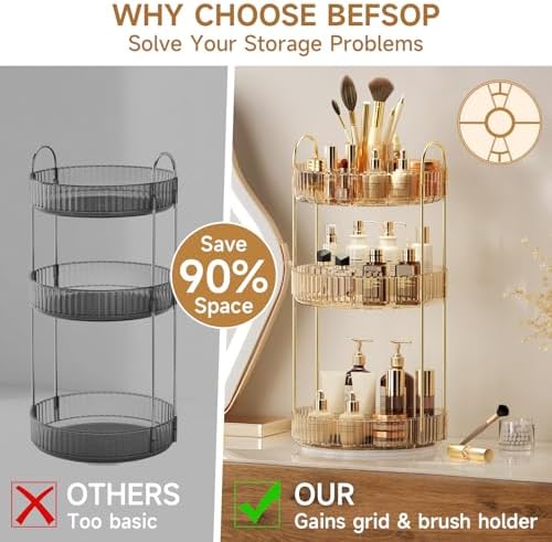 360° Rotating Makeup Organizer, Upgraded 3 Tier Skincare Perfume Organizers for Women, Bathroom Organizer Countertop, Cl