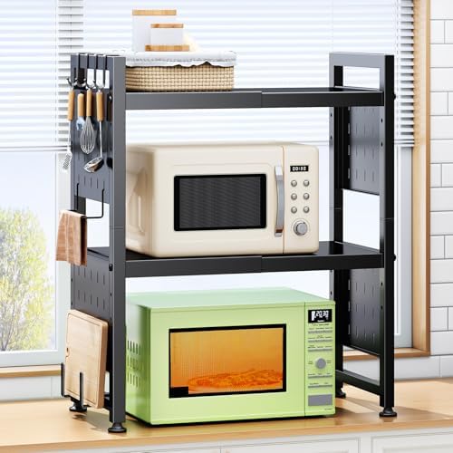 Expandable Microwave Stand, Heavy Duty 3-Tier Adjustable Microwave Oven Rack Shelf with 8 Hooks & 2 Holders, Space-savin