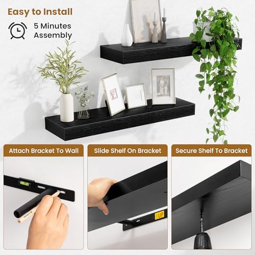 Fun Memories Floating Shelves Set of 2, 24 Inch Floating Shelves for Wall, Wood Wall Shelves with Invisible Brackets, fo