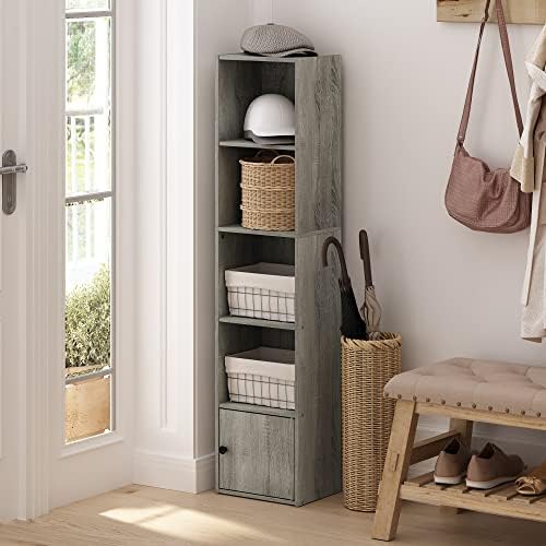 Furinno LUDER Book Shelf, 5-Tier Modern Bookshelf, Bookcase with 1 Door Storage Cabinet, 9.3 x 12 x 52, for Organization