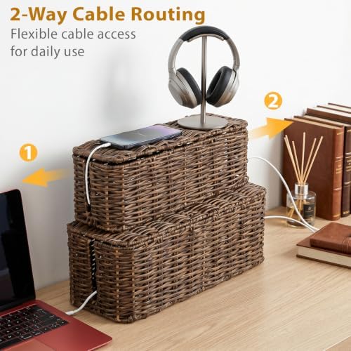 2 Pack Handwoven Cable Management Box with Lid, Decorative Cord Organizer for Power Strips, Chargers, TV Wires, Desk, Ho