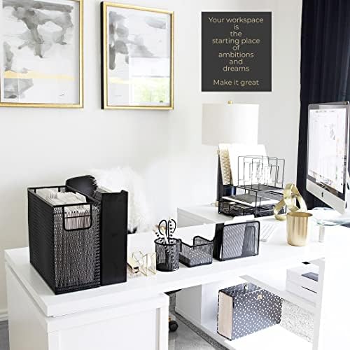 BLU MONACO Black Desk Organizer Set | 5-Piece Metal Office Supplies Collection with Hanging File Organizer, Magazine Holder, Pen Cup, Sticky Note Holder & Letter Sorter | Workspace Organization
