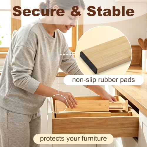 Joyeee Kitchen Drawer Dividers 6 Pack, 16.9-22.1" Adjustable Bamboo Drawer Organizer, 3.86" High Expandable Utensils Sep