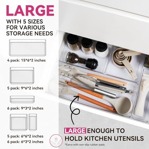 Criusia Large Drawer Organizer Bins 26 Pack | Complete 5 Size Clear Plastic Kitchen Drawer Organizers for Utensils | Bathroom Drawer Organizer Trays | Versatile for Makeup Office Organization