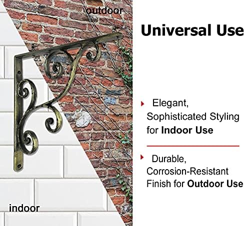 NACH Decorative Shelf Brackets, 2 Pack of 10 x 0.9 x 10 inch, Antique Brass Cast Iron Shelving Brackets - Metal Shelf Br