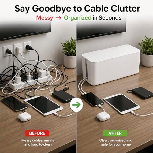 [Set of 3] 3 Cable Management Boxes + 3 Wire Ties, Large Cord Box Organizers to Hold and Hide Power Strip Charger Adapte